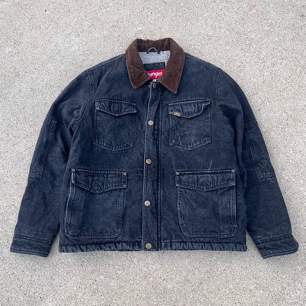 Wrangler Sherpa Lined Black Denim Trucker Jacket Size Mens Large